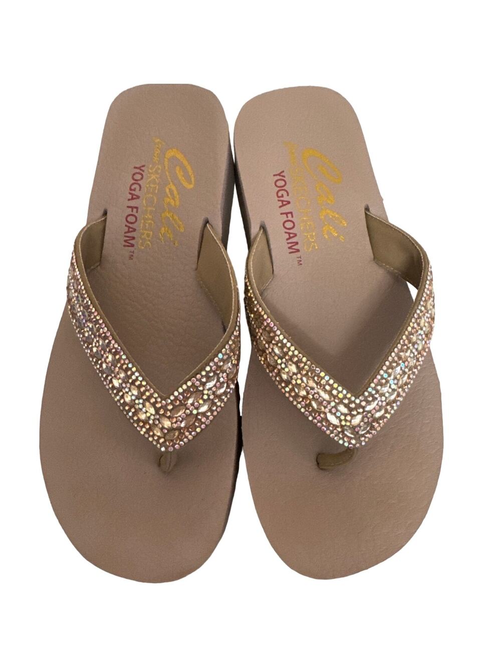 Cali Sketcher Taupe Yoga Foam Rhinestone Flip Flops Size 9 Worn A Few Minutes
